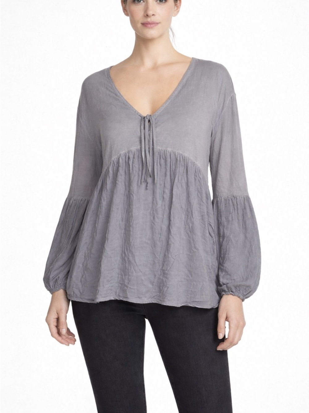 She + Sky Gray Boho Peasant Blouse Womens Medium V Neck Tie Flowy Babydoll